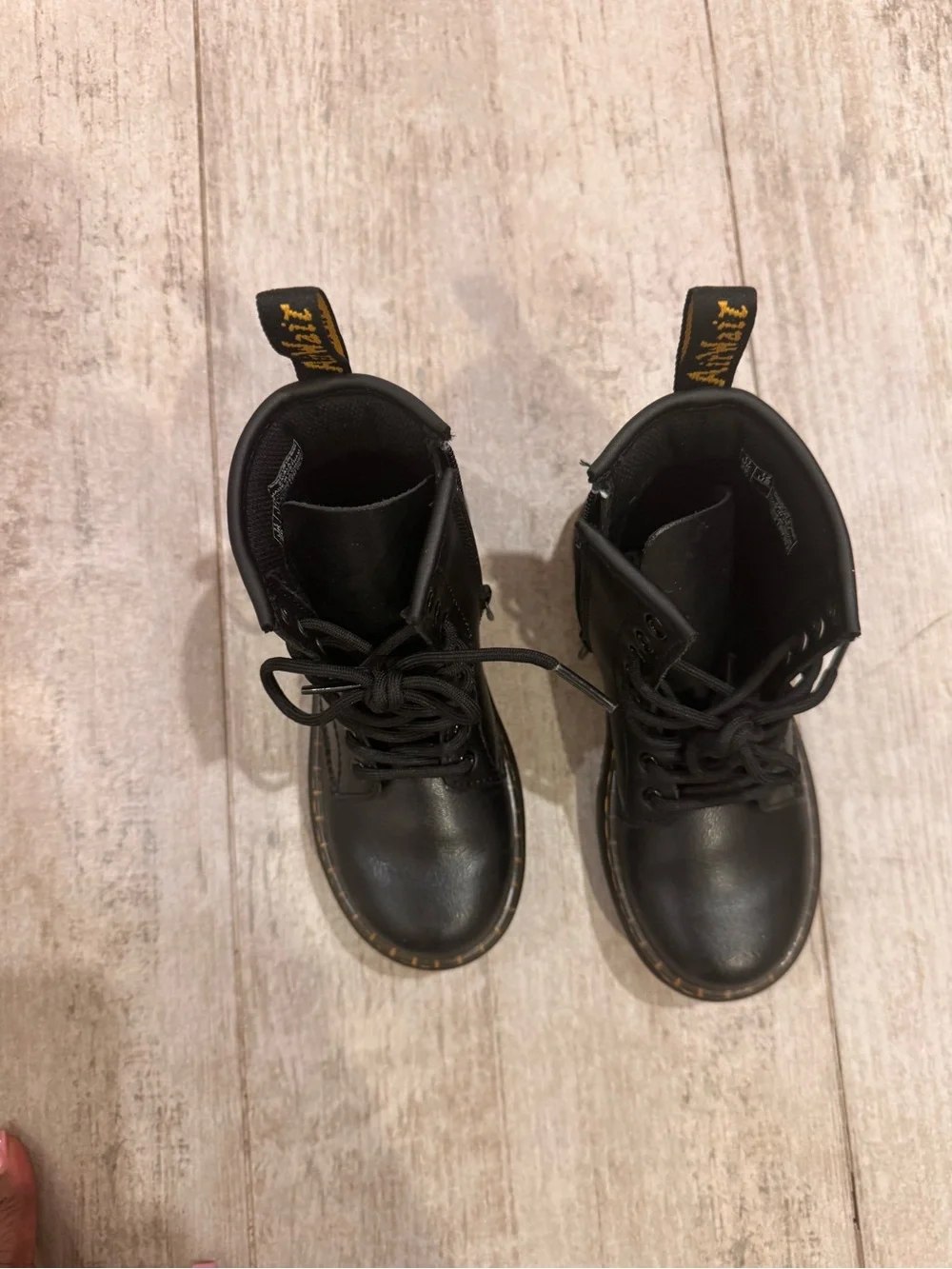 Dr. Martens Black Leather Kids Lace-Up Boots with Yellow Stitching